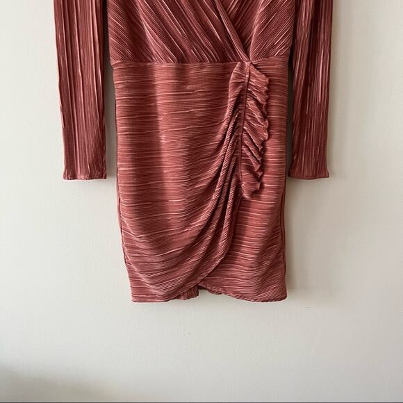 Halogen Pink Plisse Long Sleeve Faux Wrap Dress - Picture 3 of 9